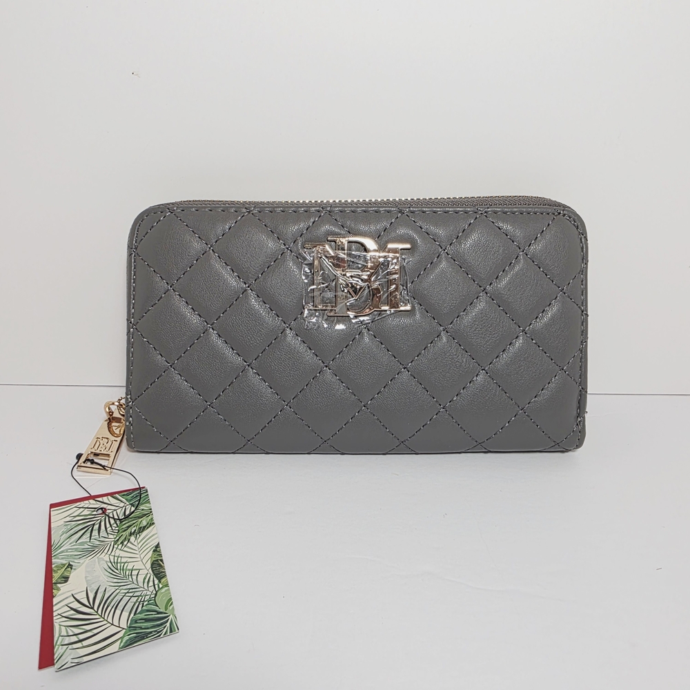 Badgley Mischka Grey Quilted Zip Around Wallet Vegan Leather Gold Logo Wristlet - Picture 1 of 9